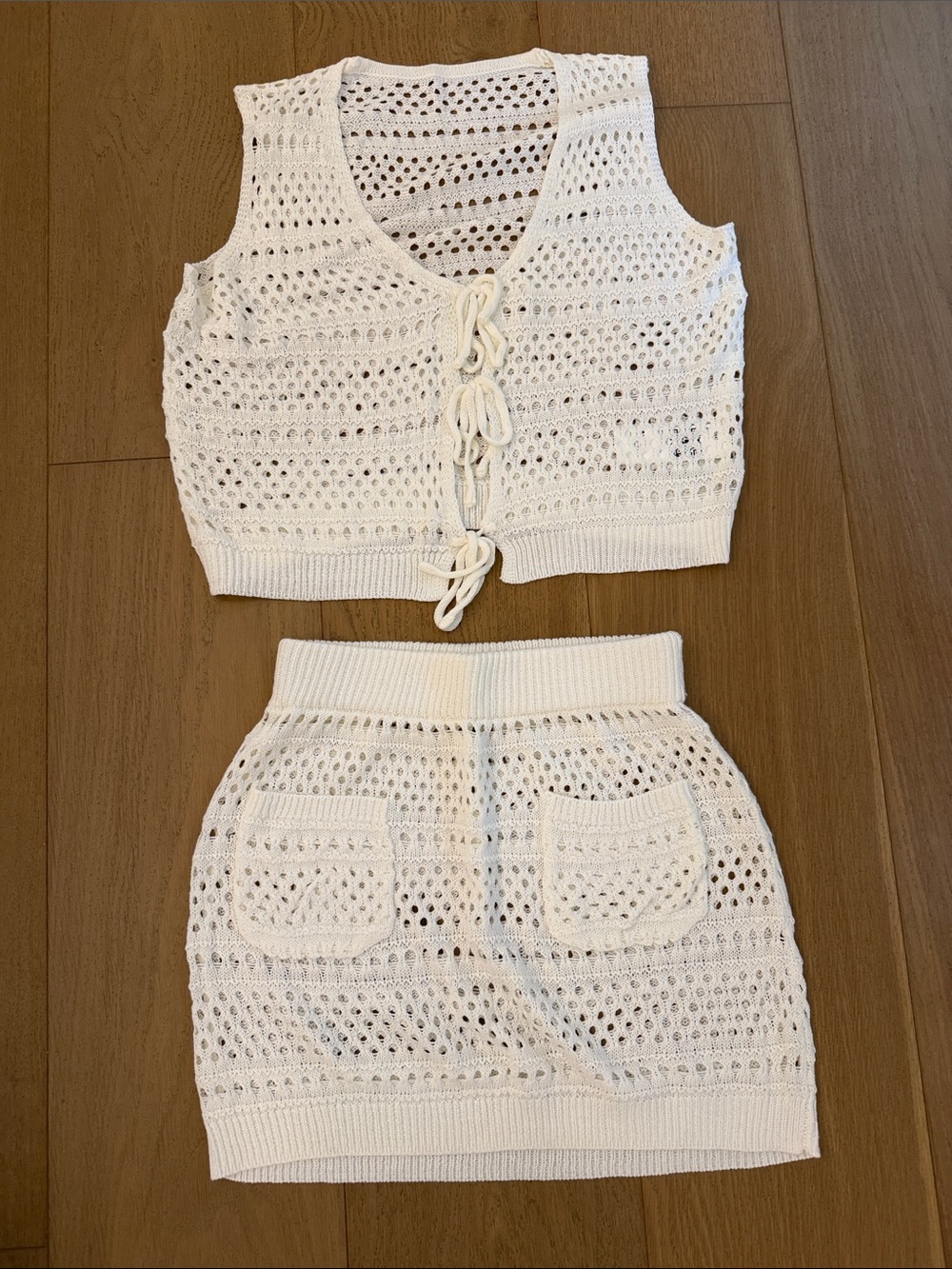 Cream Crochet Knit Two-Piece Set - Sleeveless Tie-Front Top & Mini Skirt